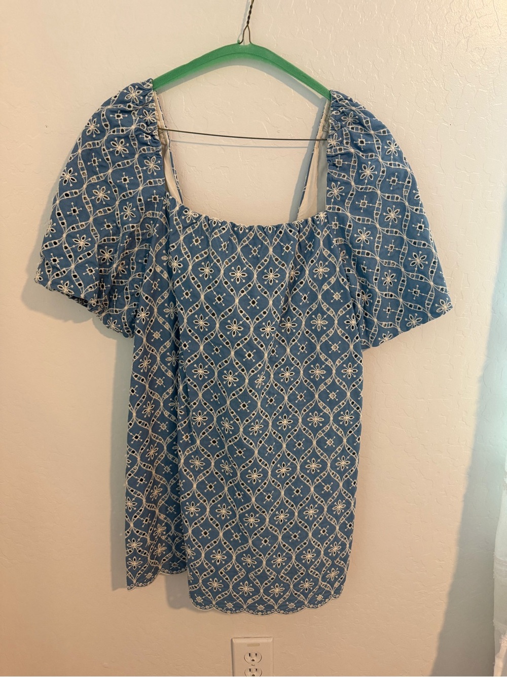 Sezane Blue Floral-Embroidered Square-Neck Mini Dress